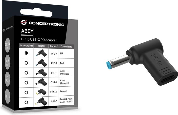 Productafbeelding Conceptronic Adapter USB-C -> DC, HP 4,5x3,0mm 18-20V sw