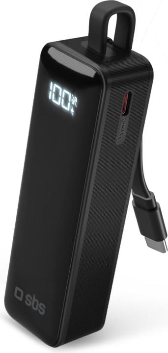 SBS 5000mAh power bank with integrated USB-C cable and display (5000 mAh, 10 W)
