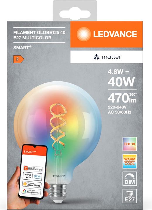 Produktbild Ledvance SMART+ MATTER FILAMENT GLOBE MULTICOLOR 4.8W 827...865 Multicolor E27 (E27, 4.80 W, 470 lm, 1 x, F)