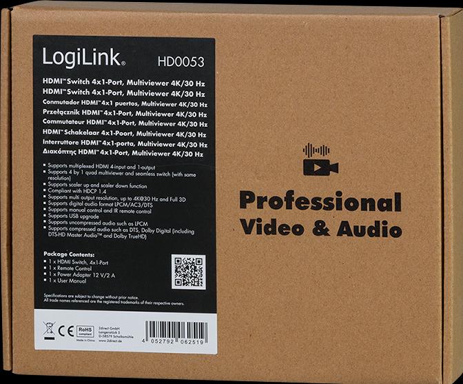 Produktbild LogiLink HDMI-Switch 4x1-Port, Multiviewer, 4K/30 Hz, Scaler, Seamless, RC