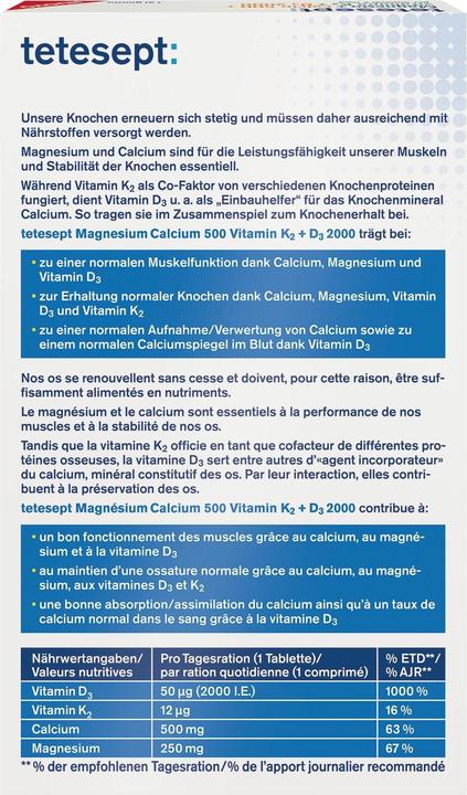 Valeurs nutritives et ingrédients Tetesept Magnesium+Calcium+D3+K2 (40 pièce(s), Cachets, 94 g)