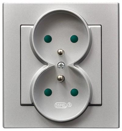 Actual product image Ospel Socket Sonata double with earthing and shutters silver matte (GP-2RZP/38) (0.05 m)