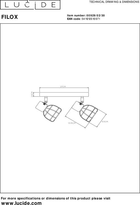 Image du produit Lucide FILOX - Projecteur de plafond - 2xE27 - Noir 00929/02/30 (E27)