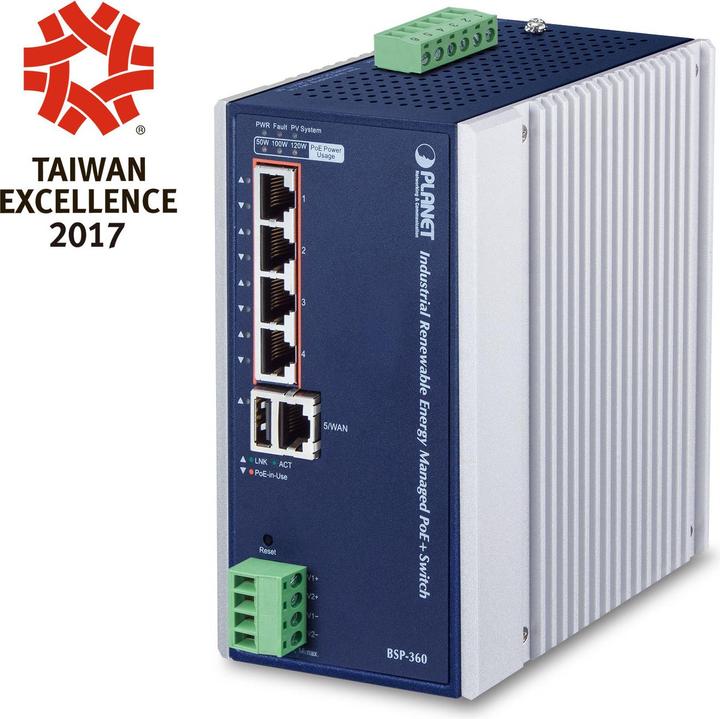 Actual product image Planet Industrial Solar Power 5-Port Managed Switch 4-Port (5 Ports)