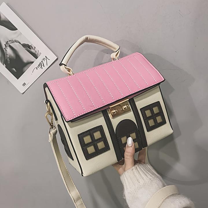 Actual product image Only-Bags.Store Charming messenger bag in the shape of a house - faux leather crossbody purse with geometric pattern