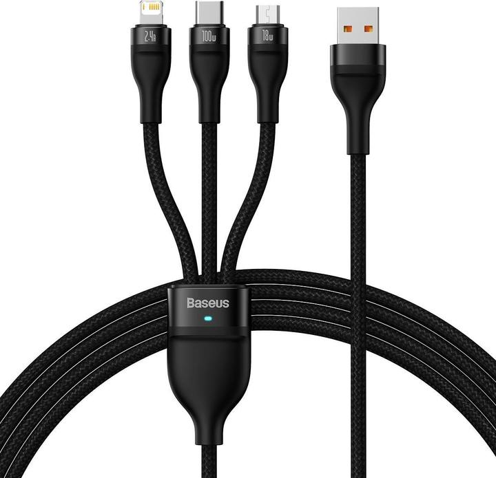 Immagine prodotto Baseus Cavo USB 3in1 Serie Flash, USB-C + micro USB + Lightning, 100W, 1,2 m (nero) (1.20 m, USB 3.2 Gen 1, 100 W)