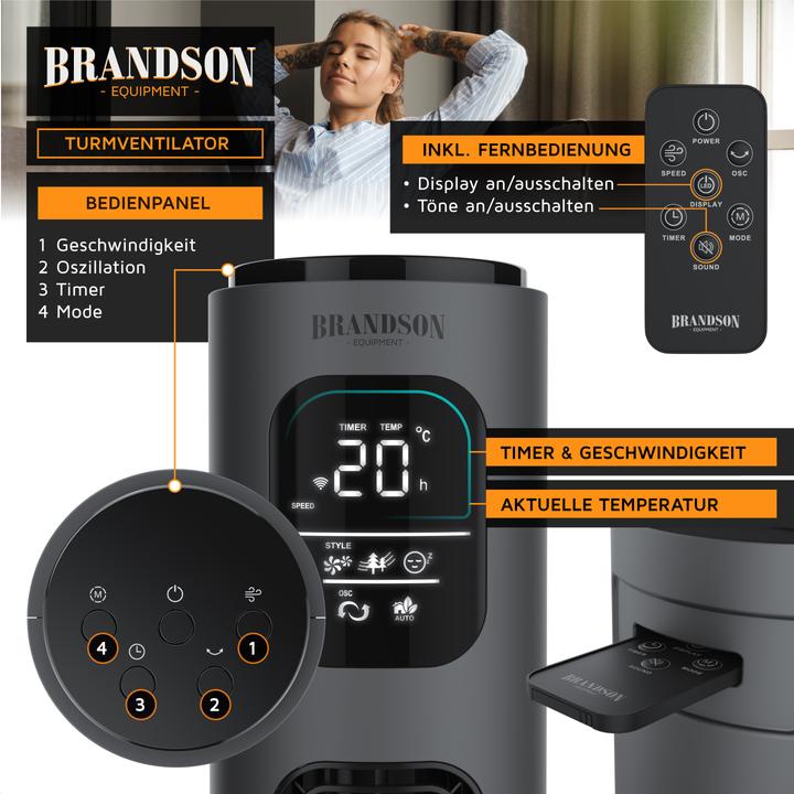 Image du produit Brandson Turmventilator WiFi, Eco DC-Motor 35W, App-Steuerung/Sprachbefehl, Timer, Oszillation, leiser Lüfter (52 dB)