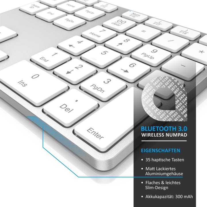 Produktbild Aplic Bluetooth Numpad, Wireless Ziffernblock mit Multifunktionstasten, Aluminium Keypad, 35 Tasten, BT3.0 (DE, Kabellos)