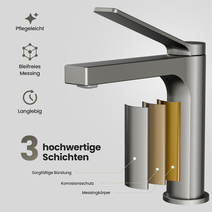 Actual product image Emke Bathroom tap, anthracite matt, mixer tap washbasin, brass, with aerator, ceramic cartridge