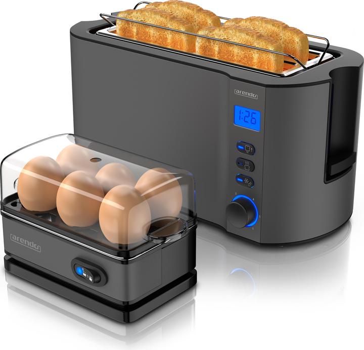Produktbild Arendo Frühstücks Set, 4 Scheiben Langschlitz Toaster mit Brötchenaufsatz & Eierkocher für 6 Eier, Grau