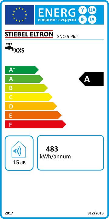 Energie-Label Stiebel Eltron SNO 5 Plus, sehr kompakter, druckloser Warmwasserspeicher mit Stecker, übertisch, 5l, 2 kW