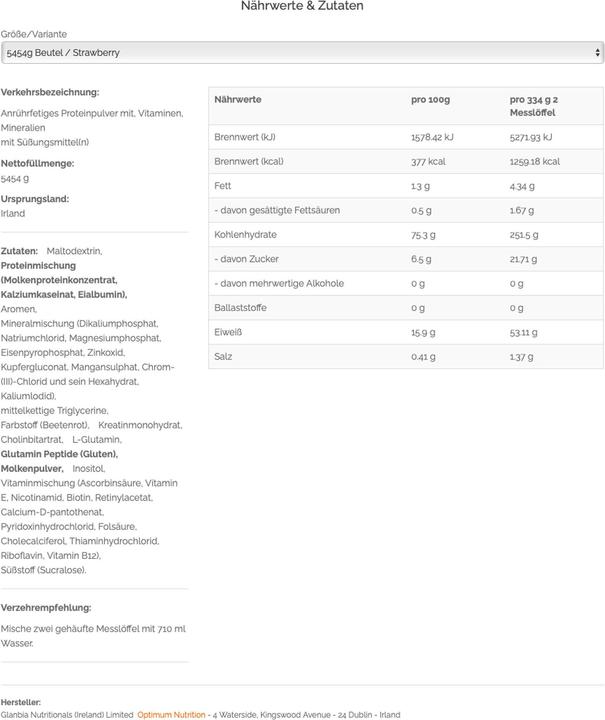Nährwerte und Zutaten Optimum Nutrition Serious Mass (Erdbeer, 1 Stk., 5450 g)