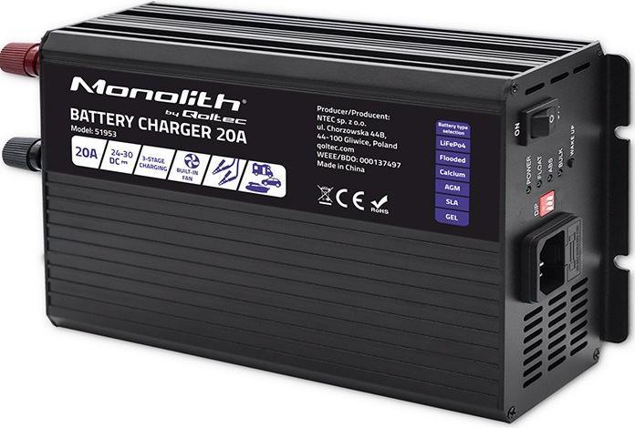 Produktbild Qoltec Smart Monolith Batterieladegerät für LiFePO4 AGM GEL SLA-Batterien | 20A | 24V (24V, 20 A)