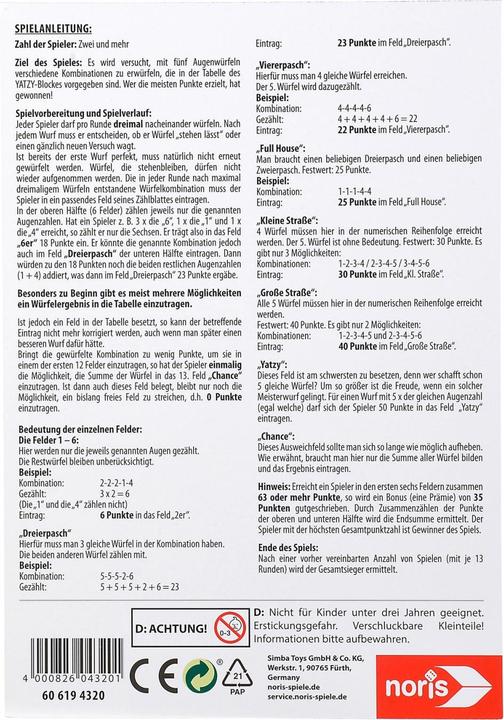 Produktbild Noris Yatzy extra grosser Spielblock (Deutsch)