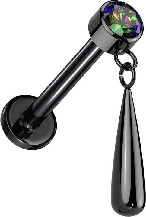 Hollywood Body Jewelry Micro Labret Innengewinde schwarz Zylinder schwarz Kristall dunkel multicolor Anhänger Tropfen schwa (Titan G23, ohne Messing)