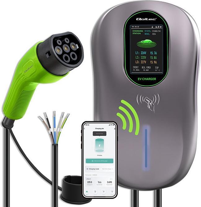 Qoltec Ladestation EV 2-in-1 Typ2 | 22kW | WLAN | TUYA | LCD | RFID | 3 Phasen | Wallbox | 5m (Type 2, 22 kW, 32 A)