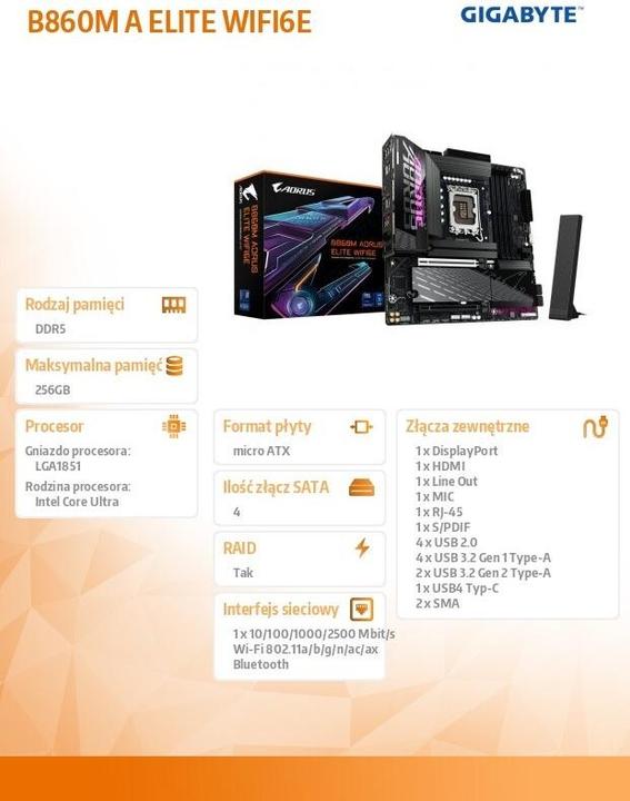 Actual product image Gigabyte B860M AORUS ELITE WIFI6E (LGA 1851, Intel B860, mATX)