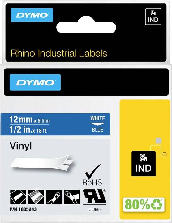 Energie-Label Dymo Rhino 12mm weiß auf blau Vinyl (1.20 cm, Blau)