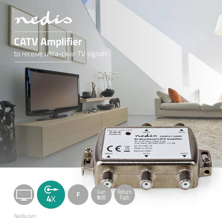 Actual product image Nedis CATV amplifier Gain dBi (with antenna cable): 9 dB 85-1218 MHz Number of outputs: 4 (9 dB, Antenna cable)