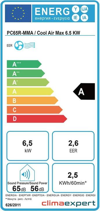 Energie-Label Climaexpert COOL AIR MAX 6.5 ECO (60 m², 22000 BTU/h)
