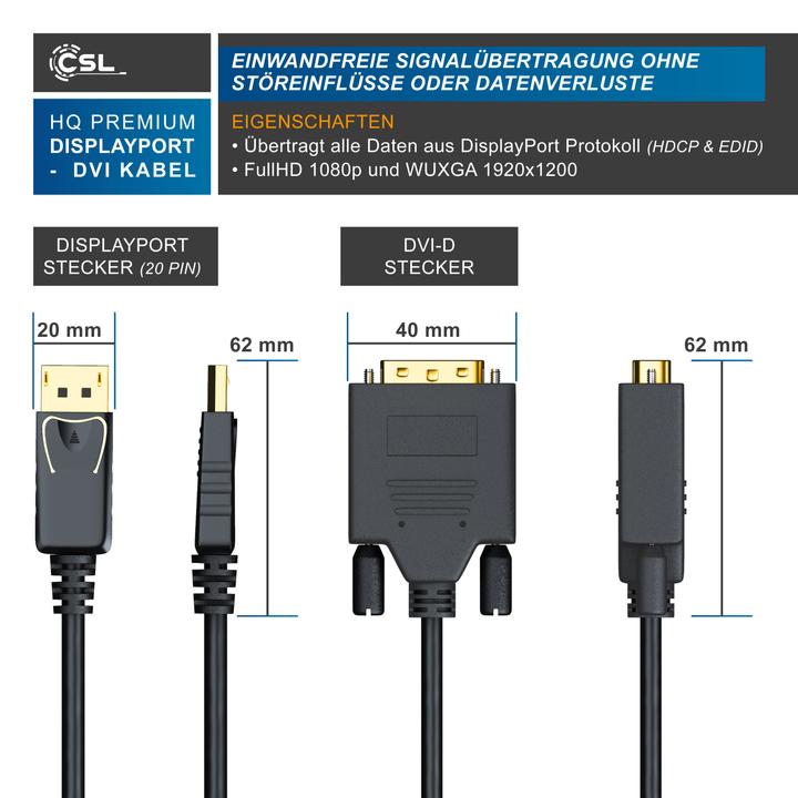 Actual product image CSL DisplayPort video cable, 20 pins, DVI-D, monitor cable, HDCP and EDID certified, FHD resolution (1 m, DisplayPort, DVI)