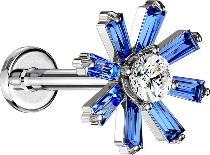 Star Piercing Micro Labret Innengewinde silber Kristallblume dunkelblau (Messing, Chirurgenstahl 316L)