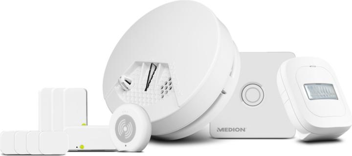 Produktbild Medion P85754 Smart Home Starter Set (lock, adapter plug, 4x door / window contact, smoke detector