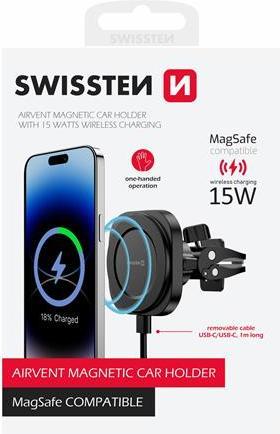 Image du produit Swissten Magstick Compact Magnetic Car Holder With Wireless Charger 15W/7,5W(Compatible Magsafe)