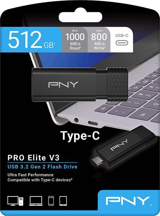 Actual product image PNY Pro Elite V3 Type-C USB 3.2 512GB Flash Drive (512 GB, USB-C)
