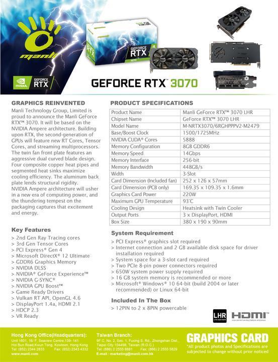 Image du produit Manli GeForce RTX 3070 LHR (8 Go)