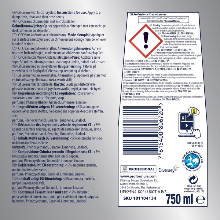 Nährwerte und Zutaten Cif PRO FORMULA Allzweckreiniger Professional Crème Lemon