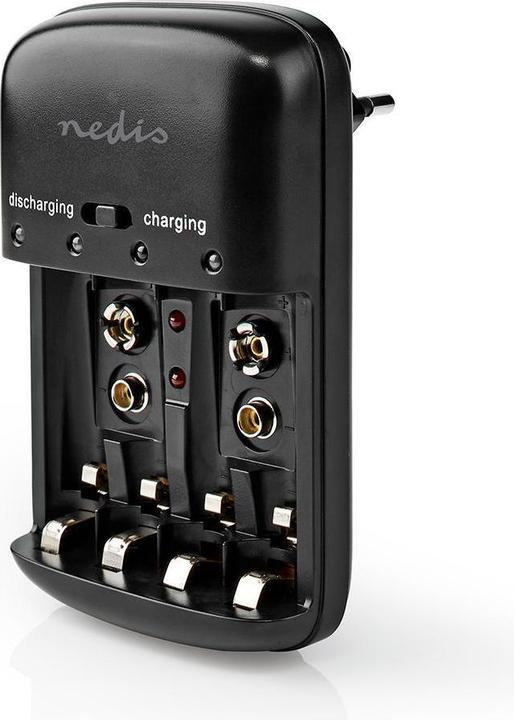 Actual product image Nedis NiMH Battery Charger AA/AAA 1.2 VDC / 9 VDC 0.2 A Trickle Charging Type C (CEE 7/16) Safety Fu (1 pcs., AAA, AA, Rechargeable battery)