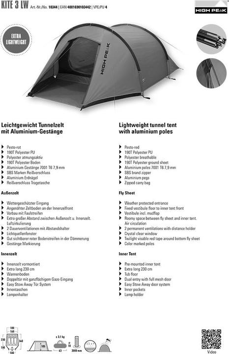 Productafbeelding High Peak Vlieger 3 LW (Tunnel tent, 3.40 kg, 3 personen)