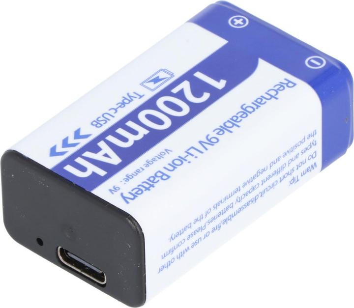 Actual product image AccuCell 9V Akkublock mit USB-C Ladeanschluss, Li-ion, 7,4V, 1200mAh, 8,1 Wh (1 pcs., 1200 mAh, Rechargeable battery)