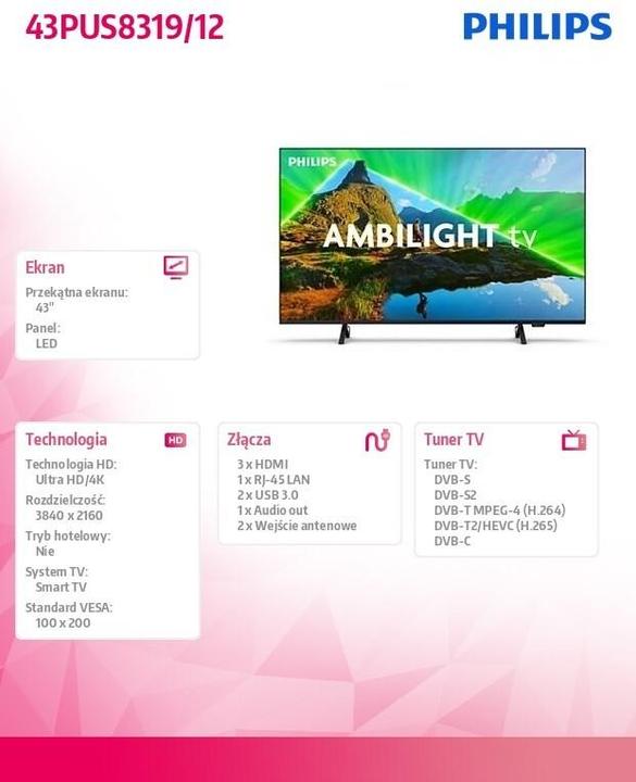 Produktbild Philips 43PUS8319/12 (43", HE43, LCD, 4K)