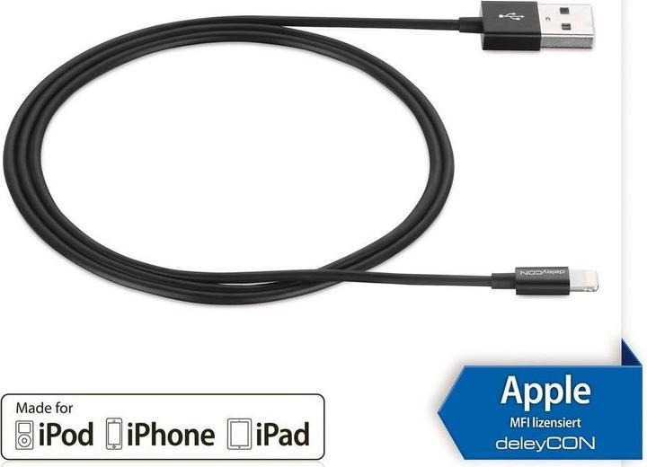 Produktbild deleyCON Lightning-USB Kabel 2m, schwarz (2 m, USB 2.0)