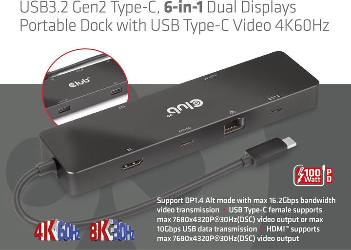 Productafbeelding Club 3D Club3D USB-C Dock > HDMI/USB-C(8K)/2xUSB/USB-C(PD100W)/RJ45 detailhandel (USB-C, 6 Havens)