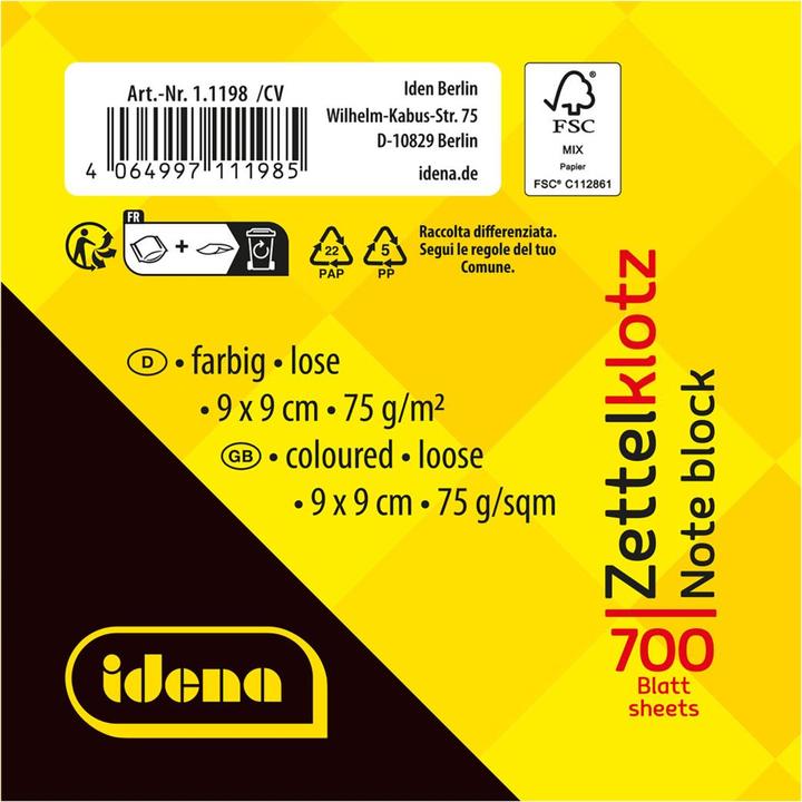 Produktbild Idena Zettelklotz lose farbig 9x9cm 700 Blatt (9 x 9 cm)