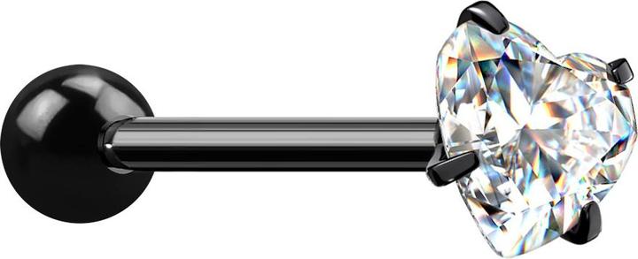 Star Piercing Barbell schwarz mit Kugel und Kristallherz silber gefasst (ohne Messing, Chirurgenstahl 316L)