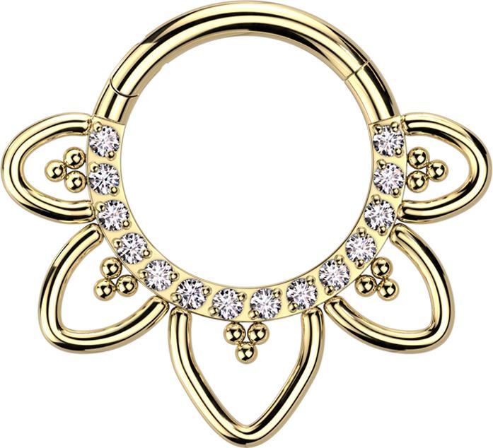 Produktbild Star Piercing Micro Segmentring klappbar vergoldet front Kristalle silber filigrane Herzen (ohne Messing, Titan G23)