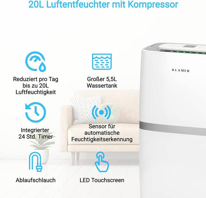 Actual product image KLAMER Luftentfeuchter 25L, 195m³ Luftumwälzung pro Stunde, 420W Entfeuchter, 5.5L Tank (35 m², 25 l/24h)