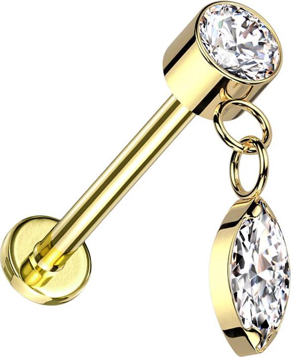 Image du produit Star Piercing Micro Threadless Labret doré Cylindre doré Cristal argent Pendentif Cristal ovale argent (Titane G23)