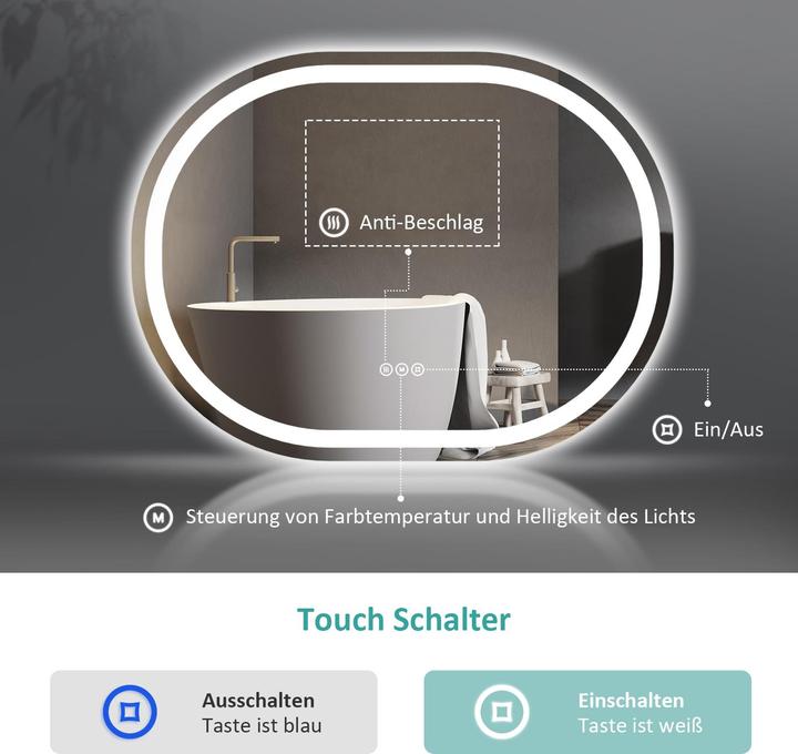 Produktbild Emke Badspiegel mit Beleuchtung Φ70cm,Beschlagfrei, 3 Farbtemperaturen(3000K-6500K) und dimmbaren