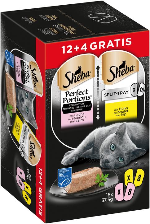 Produktbild Sheba PERFECT PORTIONS? Split-Tray Pastete mit Lachs MSC und mit Huhn 8 x 2x37,5g (600 g)