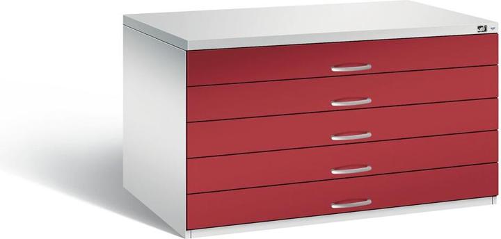 Actual product image C+P Drawing cabinet, A0, 5 drawers, height 420 mm, light grey / ruby red.