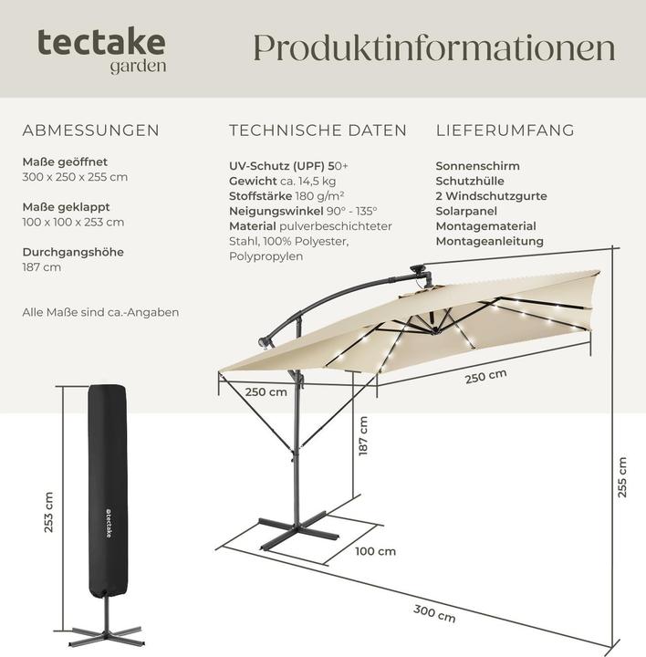 Immagine prodotto tectake Ombrellone Sunna LED-Solar con manovella 2,5 x 2,5 m (2.50 m)
