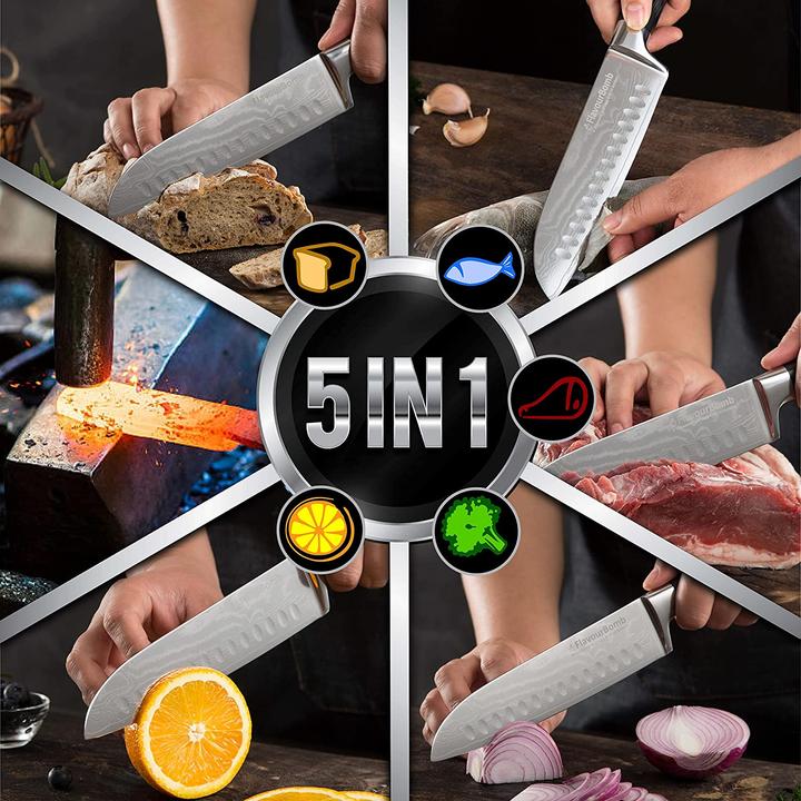 Produktbild FlavourBomb Santoku Messer aus echtem Damaszener Stahl (18 cm)