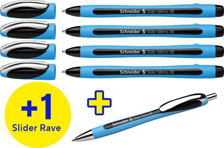 Schneider AKTION: Kugelschreiber Slider Memo blau, Schreibfarbe: schwarz, 4 St. + GRATIS K (Ersatzmine, Schwarz)