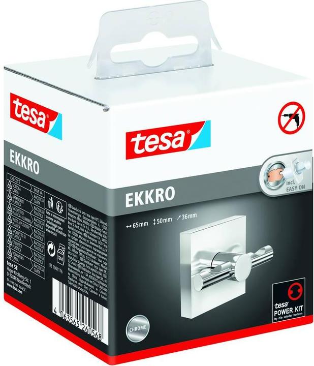 Actual product image tesa EKKRO Towel hook, chrome-plated stainless steel - Bathroom hook for wall mounting without drilling