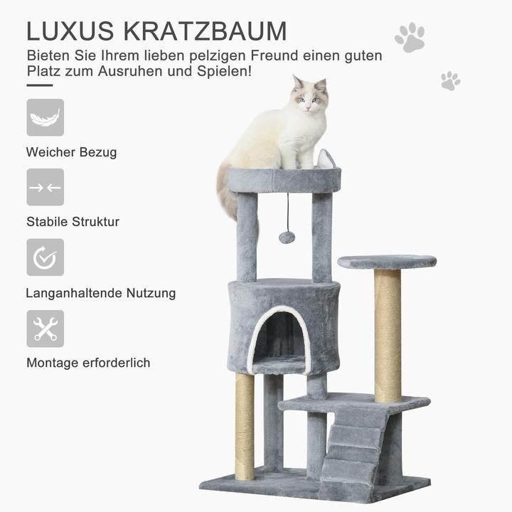 Image du produit PawHut Arbre à chat avec peluche douillette et échelle (100 cm, Gris clair)